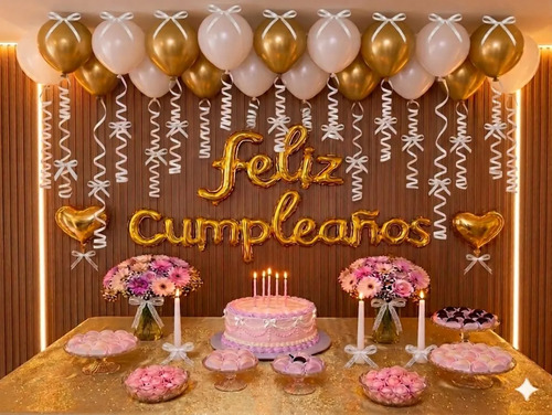 Kit Decoracion Feliz Cumpleaños Mujer Rosa Globos Fiesta Dorado