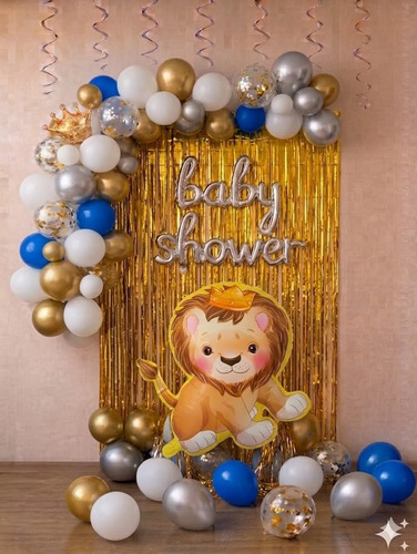 Kit Decoracion Baby Shower Globos Fiesta 60 Pzs Plateado Leon