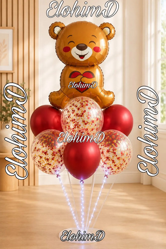 Decoración Globos Amor Y Amistad San Valentín Osito Base Luz Rojo Abrasitos — imagen 1