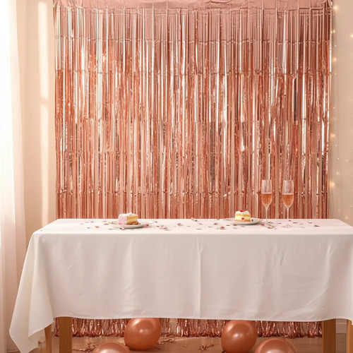 Cortina De Flecos Metalizada Lisa Fiesta Decoracion 1x2m Oro Rosa miniatura 3