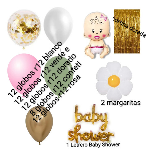 Kit Decoracion Baby Shower Globos Fiesta 60 Pzs Dorado Niña miniatura 2