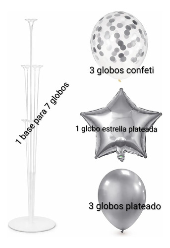 Base Globos Soporte Acrilico 7 Puesto Con Set De 7 Globos Plateado — vista alternativa