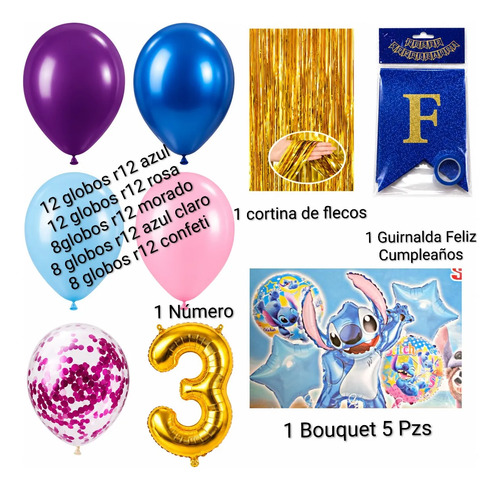 Kit Decoracion Stitch Ohana Cumpleaños Globos Fiesta 56 Pzs miniatura 3