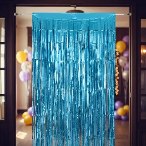 Cortina De Flecos Metalizada Lisa Fiesta Decoracion 1x2m Azul Claro