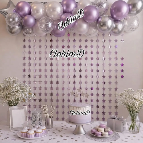 Cortina Metalizada Estrellas Cumpleaños Fiesta Decoracion Lila miniatura 3