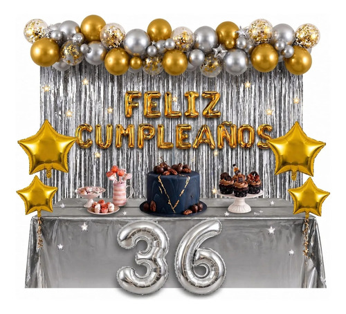 Kit Decoracion Feliz Cumpleaños Globos Fiesta Mantel Estrell Plateado — imagen 1