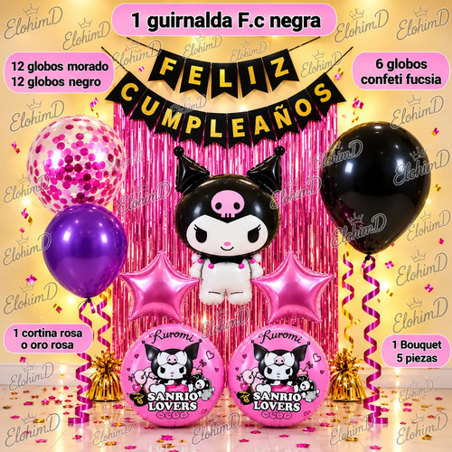 Kit Decoracion Kuromi Cumpleaños Fiesta 34 Globos Letrero miniatura 2