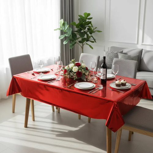 Mantel Fiesta Metalizado Rectangular 1.37m X 1.83m Estrellas Rojo Liso