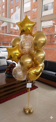 Decoracion Globos Sencilla Estrellas Y Corazón Confeti 14u Dorado