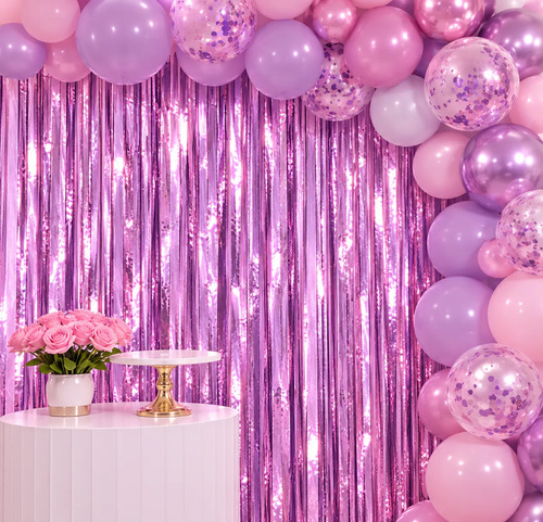 Cortina De Flecos Metalizada Lisa Fiesta Decoracion 1x2m Lila miniatura 2