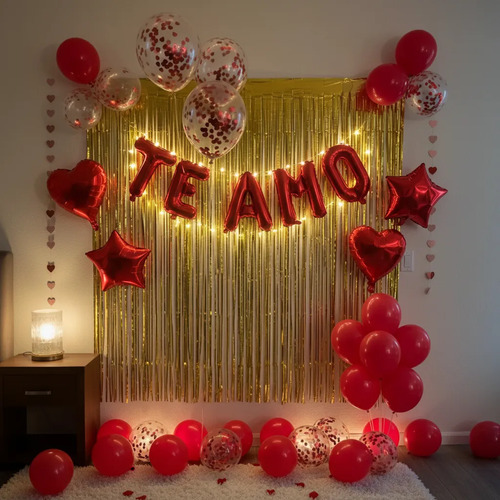 Kit Decoracion Romantica Globos Te Amo Aniversario Luz Led — imagen 1