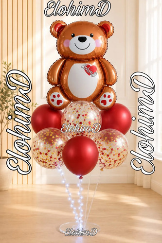Decoración Globos Amor Y Amistad San Valentín Osito Base Luz Rojo Osito Tierno — imagen 1