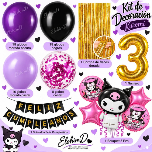 Kit Decoracion Kuromi Cumpleaños Globos Fiesta 68 Pzs miniatura 3