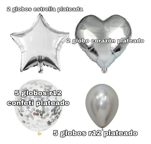 Decoracion Globos Sencilla Estrellas Y Corazón Confeti 14u Plateado — vista alternativa