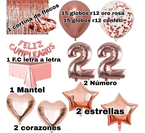 Kit Decoracion Feliz Cumpleaños Globos Fiesta Mantel Estrell Oro Rosa miniatura 2