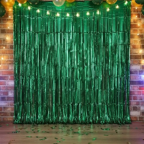Cortina De Flecos Metalizada Lisa Fiesta Decoracion 1x2m Verde miniatura 3