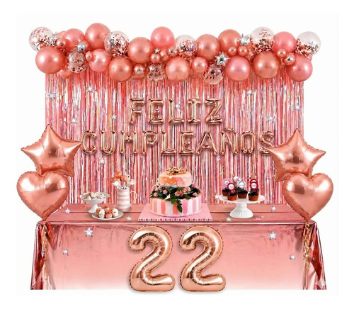 Kit Decoracion Feliz Cumpleaños Globos Fiesta Mantel Estrell Oro Rosa miniatura 11