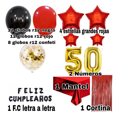 Kit Decoracion Feliz Cumpleaños Globos Fiesta Mantel Estrell Rojo miniatura 2