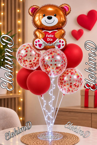 Decoración Globos Amor Y Amistad San Valentín Osito Base Luz Rojo Osito Feliz Dia — imagen 1