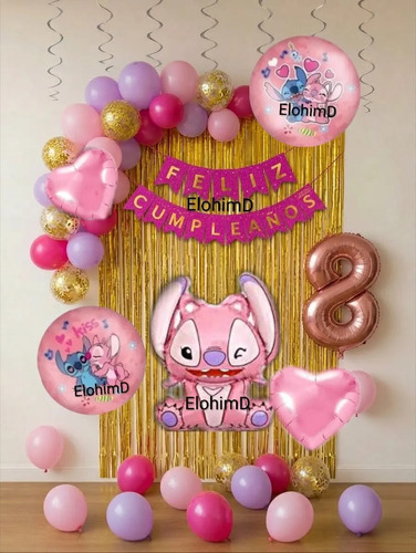 Kit Decoracion Stitch Angel Cumpleaños Rosa Globos Fiesta