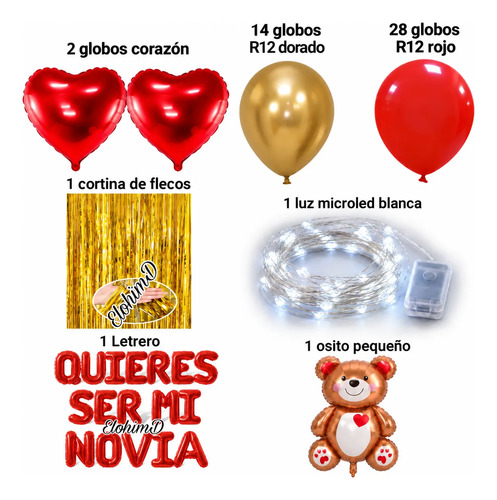 Kit Decoracion Romantica Globos Quieres Ser Mi Novia Amor Letrero Rojo miniatura 2