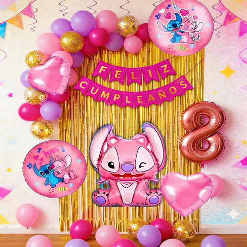 Kit Decoracion Stitch Angel Cumpleaños Rosa Globos Fiesta — imagen 1