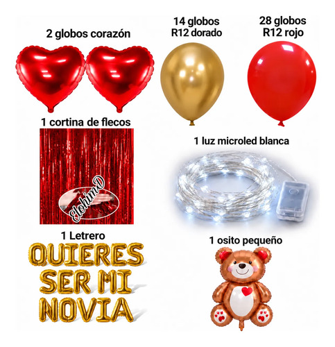 Kit Decoracion Romantica Globos Quieres Ser Mi Novia Amor Letrero Dorado miniatura 2