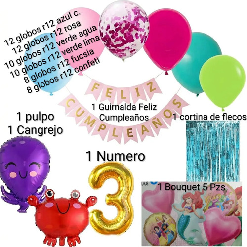 Kit Decoracion Ariel La Sirenita Cumpleaños Globo Fiesta Mar miniatura 3
