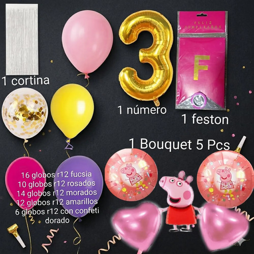 Kit Decoracion Cumpleaños Globos Fiesta Niña Peppa Pig 66 Pc miniatura 2