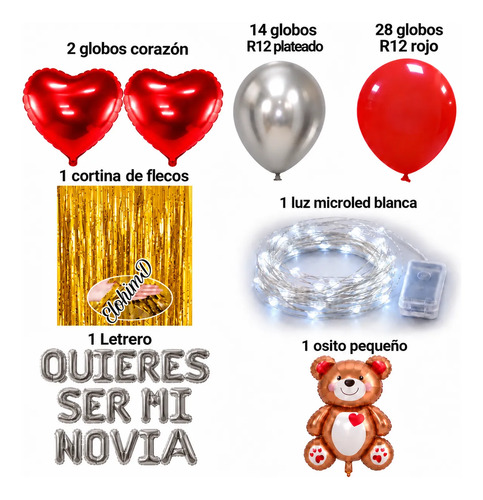 Kit Decoracion Romantica Globos Quieres Ser Mi Novia Amor Letrero Plateado miniatura 2