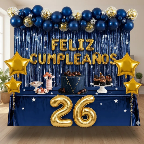 Kit Decoracion Feliz Cumpleaños Globos Fiesta Mantel Estrell Azul — imagen 1