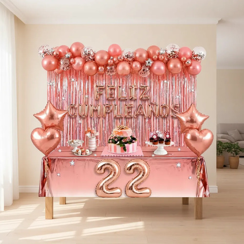 Kit Decoracion Feliz Cumpleaños Globos Fiesta Mantel Estrell Oro Rosa — imagen 1