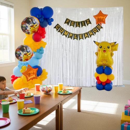 Kit Decoracion Cumpleaños Infantil Globos Pikachu Y Cortina — imagen 1