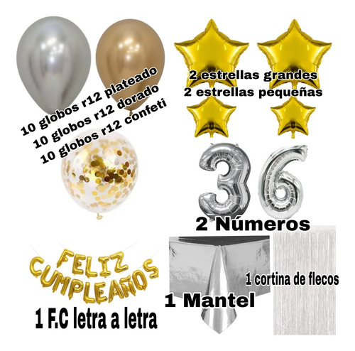 Kit Decoracion Feliz Cumpleaños Globos Fiesta Mantel Estrell Plateado miniatura 2