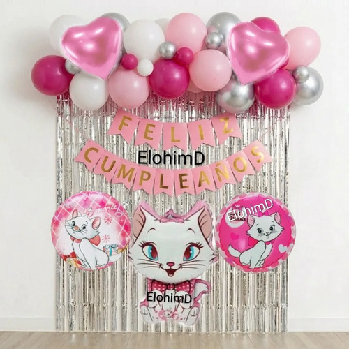Kit Decoración Cumpleaños Globos Fiesta Gatita Marie Cortina