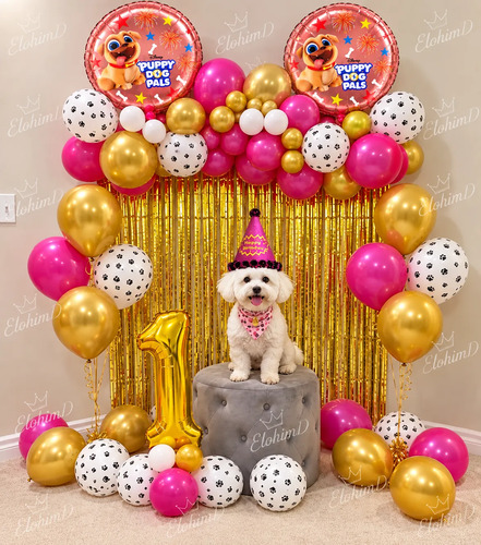Kit Decoracion Huellitas De Amor Cumpleaños Perruno Fiesta Rosa — imagen 1
