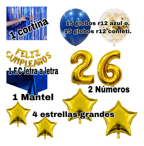 Kit Decoracion Feliz Cumpleaños Globos Fiesta Mantel Estrell Azul miniatura 2