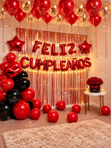 Kit Decoración Cumpleaños Rojo Y Negro Luz Led Cortina