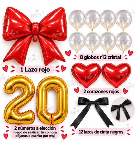 Kit Decoracion Feliz Cumpleaños Mujer Globos Fiesta Lazo Rojo miniatura 2