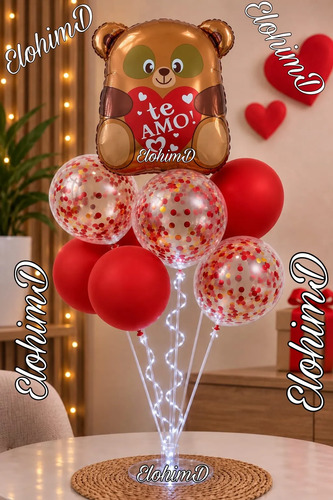 Decoración Globos Amor Y Amistad San Valentín Osito Base Luz Rojo Te Amo — imagen 1