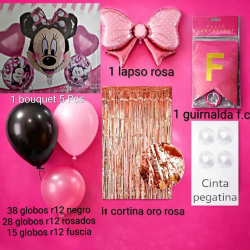 Kit Decoracion Globos Cumpleaños Minnie Mouse Rosa Lapsito miniatura 2
