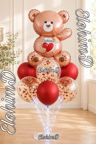 Decoración Globos Amor Y Amistad San Valentín Osito Base Luz Rojo Osito Corazon — imagen 1