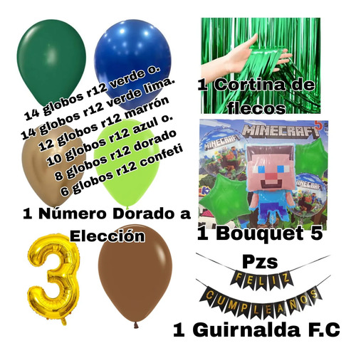 Kit Decoracion Minecraft  Bloques Cumpleaños Globos Fiesta miniatura 3