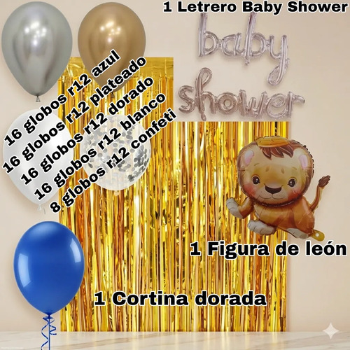 Kit Decoracion Baby Shower Globos Fiesta 60 Pzs Plateado Leon — vista alternativa
