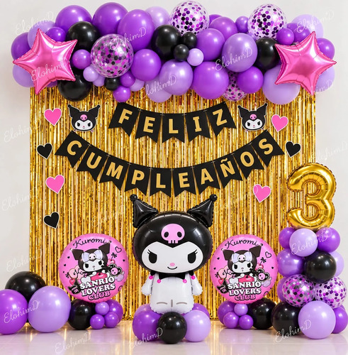 Kit Decoracion Kuromi Cumpleaños Globos Fiesta 68 Pzs — imagen 1