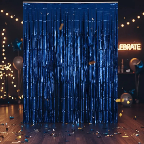Cortina De Flecos Metalizada Lisa Fiesta Decoracion 1x2m Azul